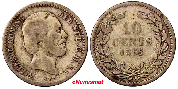 Netherlands William III Silver 1855 Sword  Better Date 10 Cents  RARE KM# 80