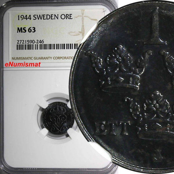 SWEDEN Gustaf V IRON 1944 1 ORE NGC MS63 1 GRADED HIGHER WWII Issue KM# 810