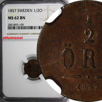 SWEDEN Oscar I Bronze 1857 1/2 Ore NGC MS62 BN BROWN KM# 686
