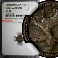 Guatemala Silver 1893 1/4 Real NGC MS63 LION LARGE DATE NICE TONED KM# 159