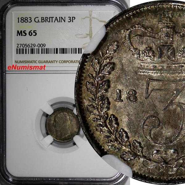 Great Britain Victoria Silver 1883 3 Pence NGC MS65 Nice Toned KM# 730