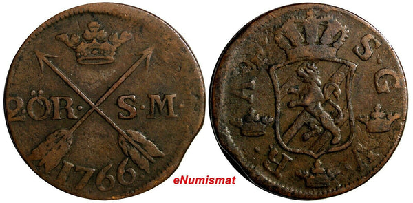 SWEDEN Adolf Frederick (1751-1771) Copper 1766 S.M.2 Ore 33.7 mm KM# 461 (14368)