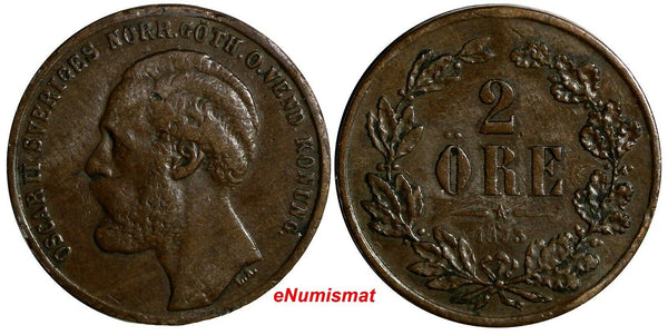SWEDEN Oscar II (1872-1905) Bronze 1873 L.A. 2 Ore 1 YEAR TYPE KM# 729 (14409)