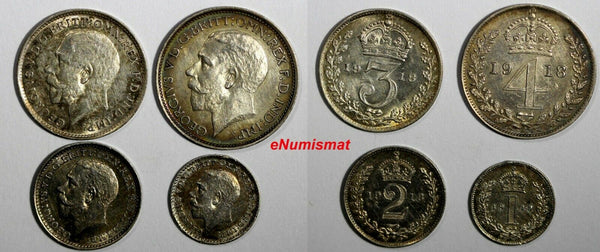 GREAT BRITAIN George V Silver 1918  Maundy Set  4 Coins UNC  S-4016, KM-MDS176