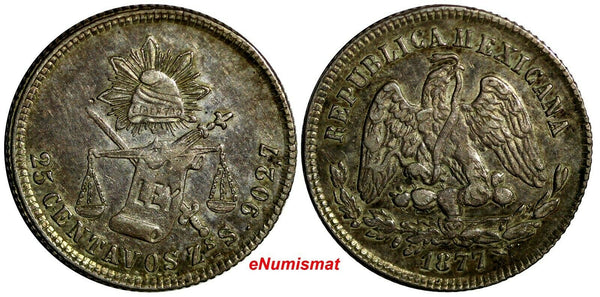 MEXICO Silver 1877 ZS S 25 Centavos Mintage-350,000  Zacatecas Mint KM#406.9 (6)