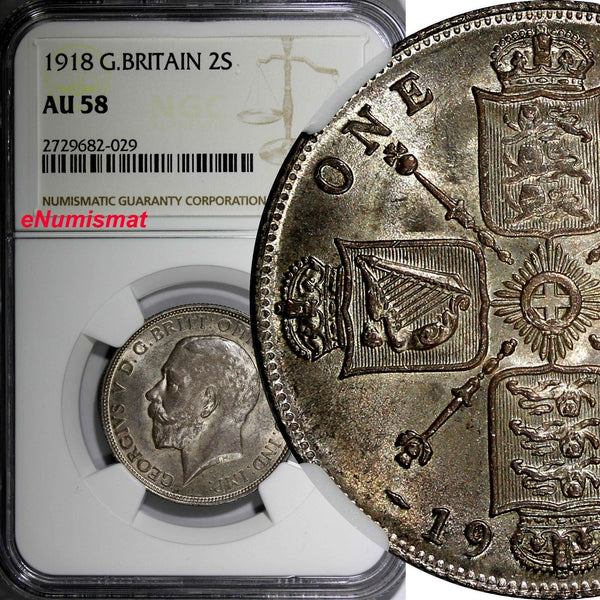 Great Britain George V Silver 1918 Florin NGC AU58 Nice Toned SCARCE KM# 817