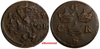 Sweden Charles X Gustav Copper 1657 1/4 Ore C.R.S SCARCE KM# 211(14551)