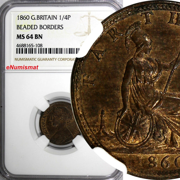Great Britain Victoria 1860 Farthing BEADED BORDER NGC MS64 BN  KM# 747.2