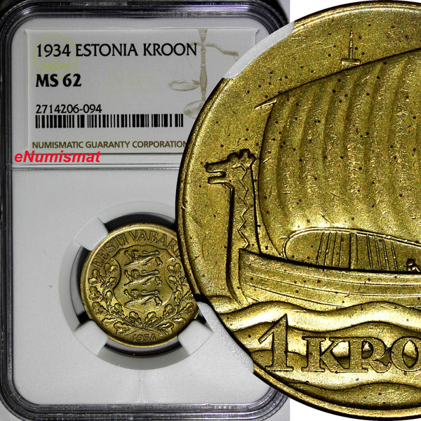 Estonia 1934 1 Kroon NGC MS62 ONE YEAR STRUCK Ship of Vikings KM# 16 (094)