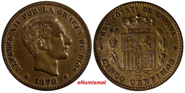 SPAIN Alfonso XII Bronze 1878 OM 5 Centimos Choice XF KM# 674