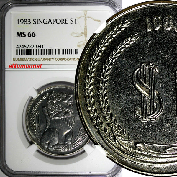 Singapore 1983 $1.00 Dollar NGC MS66 Mintage-101,000 KEY DATE GEM BU COIN KM# 6