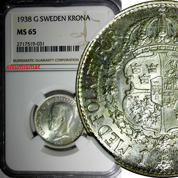 SWEDEN Gustaf V Silver 1938 G 1 KRONA NGC MS65 GEM BU KM#786.2