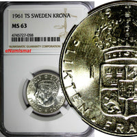 Sweden Gustaf VI Silver 1961 TS 1 Krona NGC MS63 GEM BU KM# 826