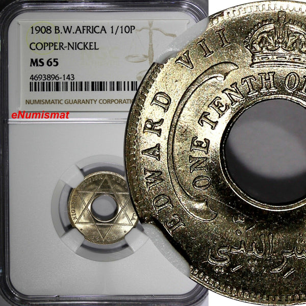 British West Africa Edward VII 1908 1/10 Penny NGC MS65 LIGHT TONED KM# 3