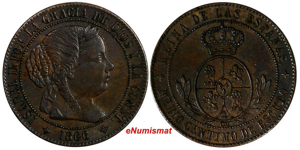 Spain Isabel II Bronze 1866 1/2  Centimo Jubia - 4 pointed star KM# 632.2