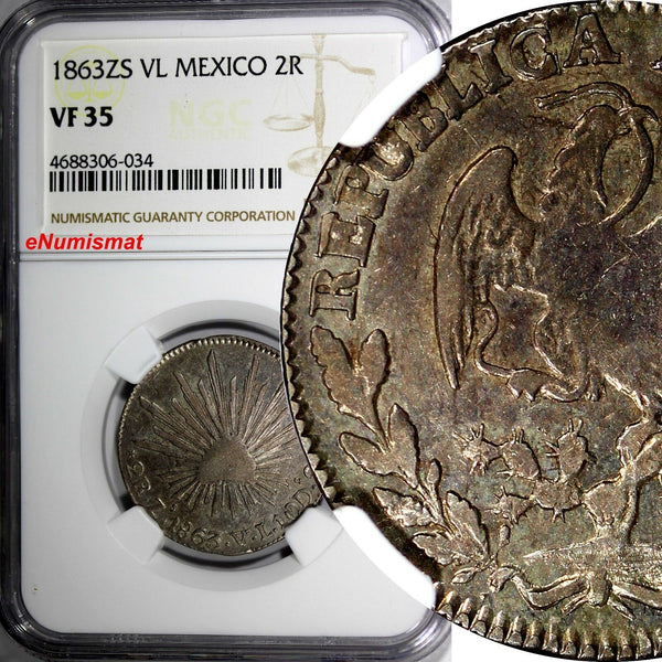 Mexico FIRST REPUBLIC 1863 ZS VL 2 Reales NGC VF35 1 GRADED HIGHEST KM# 374.12
