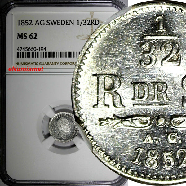 SWEDEN Oscar Silver 1852 AG 1/32 Riksdaler NGC MS62 Mint Luster KM# 681