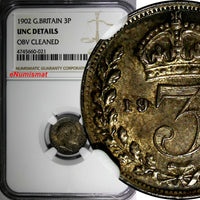 Great Britain Edward VII Silver 1902 3 Pence NGC UNC DETAILS 1st Year KM# 797.1