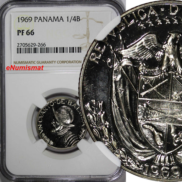 Panama Copper-Nickel Clad PROOF 1969 1/4 Balboa NGC PF66 Mint-14,000 KM# 11.2a