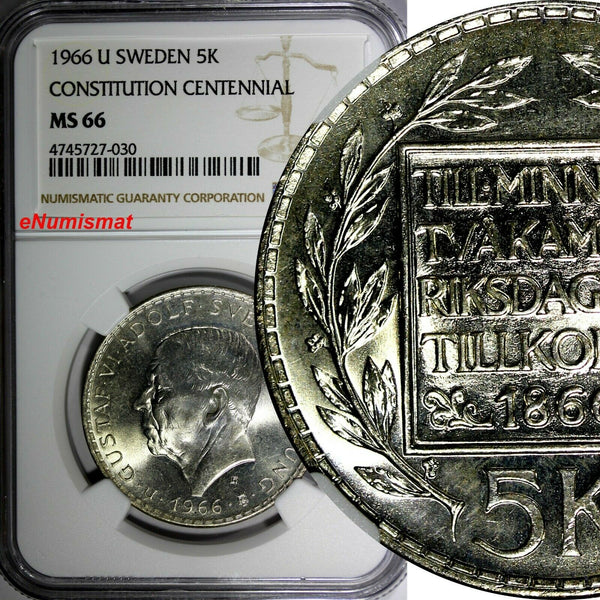 SWEDEN Silver 1966-U 5 Kronor NGC MS66 Constitution Reform 1 YEAR TYPE KM# 839