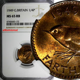 Great Britain George VI Bronze 1949 Farthing NGC MS65 RB 1st Date for Type KM867