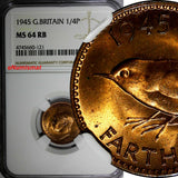 Great Britain George VI Bronze 1945 Farthing NGC MS64 RB RED TONING KM# 843