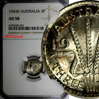 AUSTRALIA Silver 1943-D 3 Pence Threepence NGC AU58 NICE TONED KM# 37