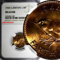 Great Britain George VI Bronze 1944 Farthing NGC MS64 RB RED TONING KM# 843 (80)