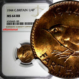 Great Britain George VI Bronze 1944 Farthing NGC MS64 RB RED TONING KM# 843 (80)