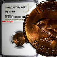 Great Britain George VI Bronze 1945 Farthing NGC MS65 RB RED TONING KM# 843 (63)