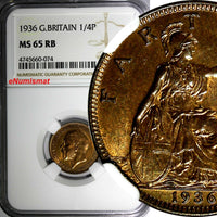Great Britain George V (1910-1936) 1936 Farthing NGC MS65 RB NICE RED KM# 825