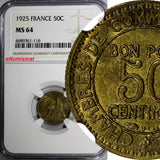 France Aluminum-Bronze 1925 50 Centimes NGC MS64 TOP GRADED BY NGC KM# 884