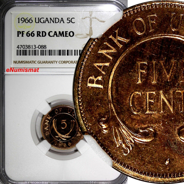 Uganda Bronze PROOF 1966 5 Cents NGC PF66 RD CAMEO RED TOP GRADED BY NGC KM# 1