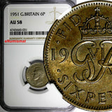 Great Britain George VI Copper-Nickel 1951 6 Pence NGC AU58 Toned KM# 875