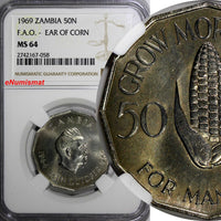 Zambia 1969 50 Ngwee NGC MS64 Ear of corn FAO TOP GRADED BY NGC KM# 14