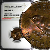 Great Britain George VI Bronze 1950 Farthing NGC MS63 RB KM# 867