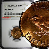 Great Britain George VI Bronze 1944 Farthing NGC MS64 RB KM# 843