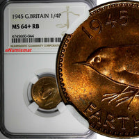 Great Britain George VI Bronze 1945 Farthing NGC MS64+ RB RED TONING KM# 843