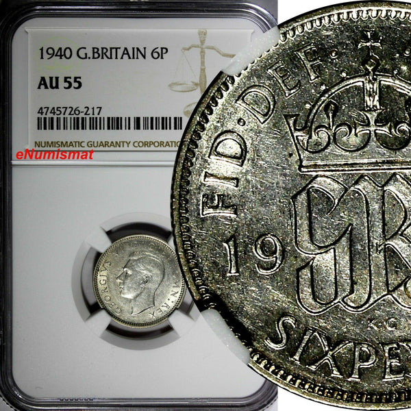 GREAT BRITAIN George VI Silver 1940 6 Pence NGC AU55  KM# 852