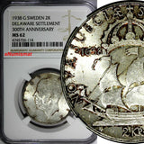 SWEDEN Silver 1938-G 2 Kronor NGC MS62 300th Settlement of Delaware KM# 807