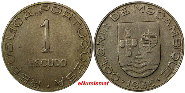 Mozambique Copper-Nickel 1936 1 Escudo aXF Condition KEY SCARCE DATE KM66(10163)