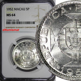 Macau Silver 1952 5 Patacas NGC MS64 1 YEAR TYPE Mintage- 900,000 KM# 5