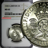 GREAT BRITAIN George VI Silver 1945 Florin /2 Shilling NGC MS62 WWII Issue KM855