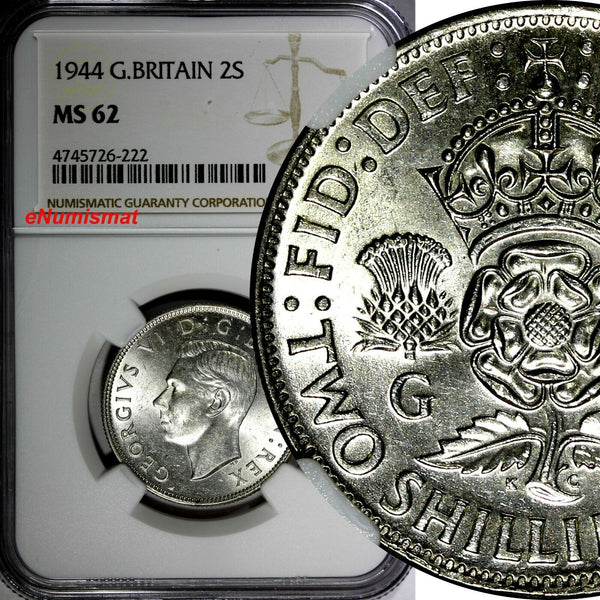 GREAT BRITAIN George VI Silver 1944 Florin /2 Shilling NGC MS62 WWII Issue KM855