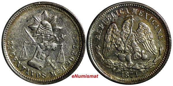 Mexico SECOND REPUBLIC Silver 1871 Mo M 25 Centavos MINTAGE-138,000  KM#406.7