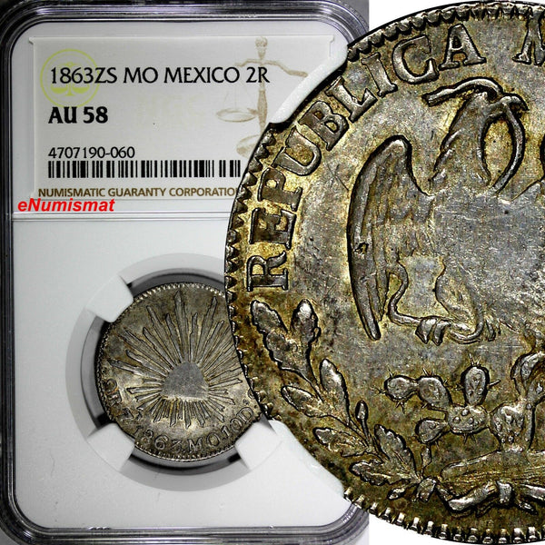 Mexico FIRST REPUBLIC 1863 ZS MO 2 Reales NGC AU58 1 GRADED HIGHEST KM# 374.12