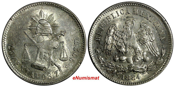 Mexico SECOND REPUBLIC Zacatecas Silver 1884 Zs S 25 Centavos Scales AU KM#406.9