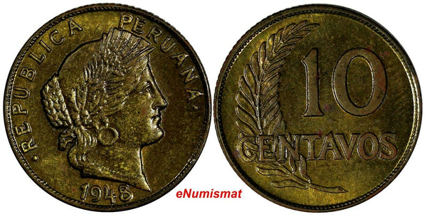 Peru Brass 1948/8 10 Centavos 3 YEARS TYPE aUNC Toning SCARCE KM# 226.1 (14 787)