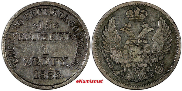 POLAND RUSSIA Nicholas I Silver 1835 MW 1 Zloty 15 Kopecks Toned Bit-1165 C# 129