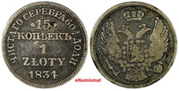 POLAND RUSSIA Nicholas I 1834 MW 1 Zloty 15 Kopecks RARE DATE Bit-1164 R2 C# 129
